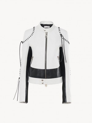 Leather Chloe Motocyklowe Jacket Czarne Białe | CHE-SR14106