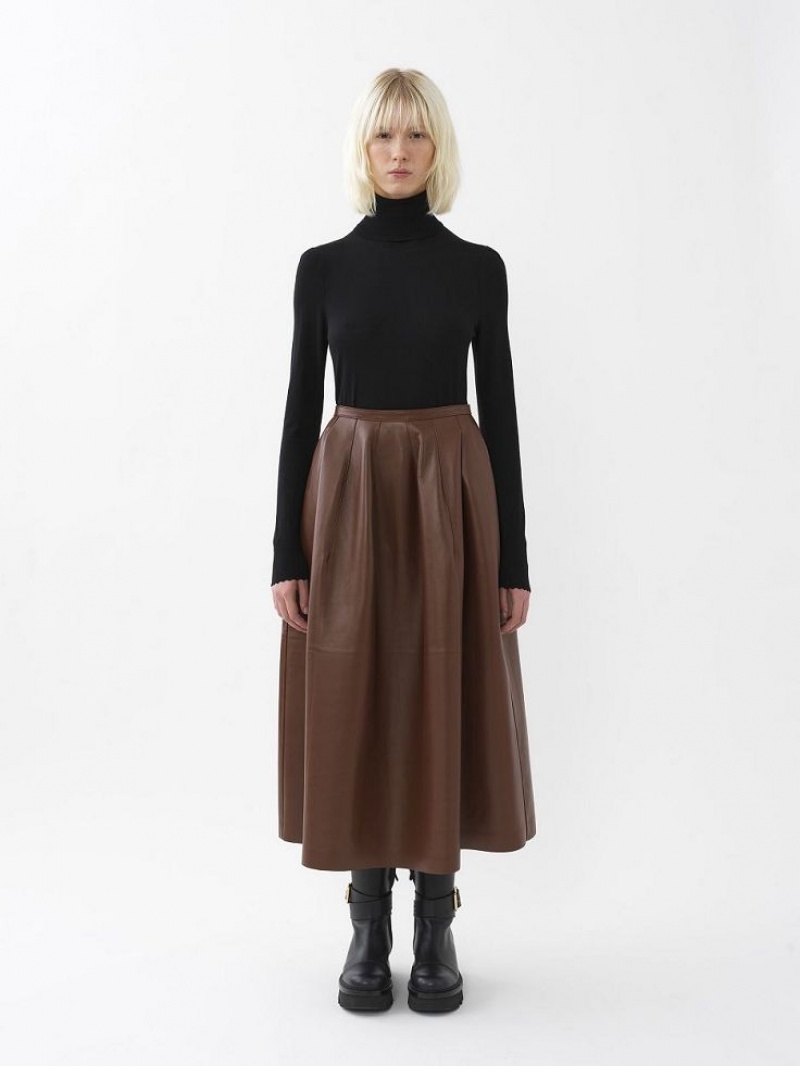 Leather Chloe Gathered Mid-length Skirt Kawa | CHE-SR14116