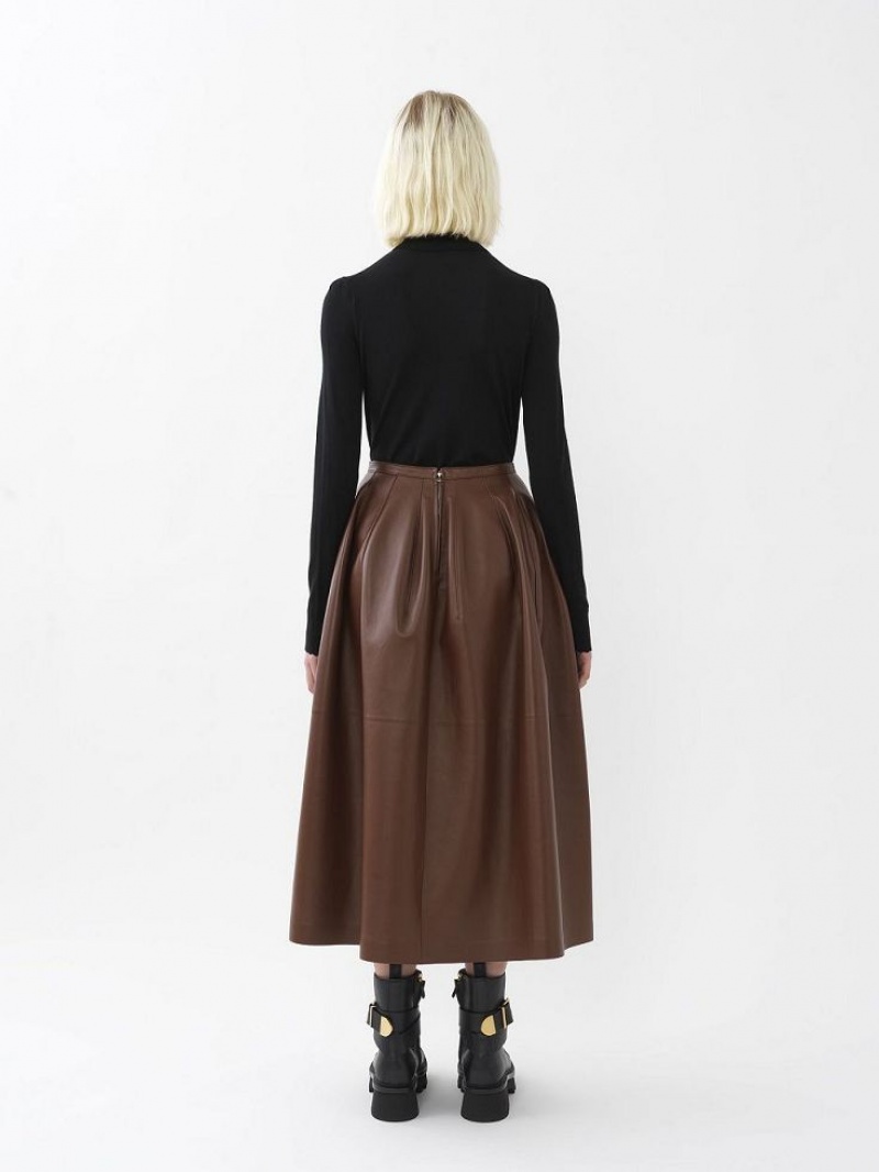 Leather Chloe Gathered Mid-length Skirt Kawa | CHE-SR14116