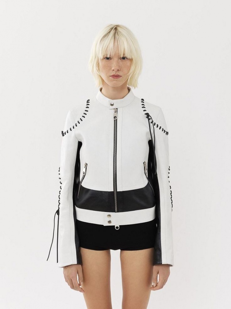 Leather Chloe Motocyklowe Jacket Czarne Białe | CHE-SR14106