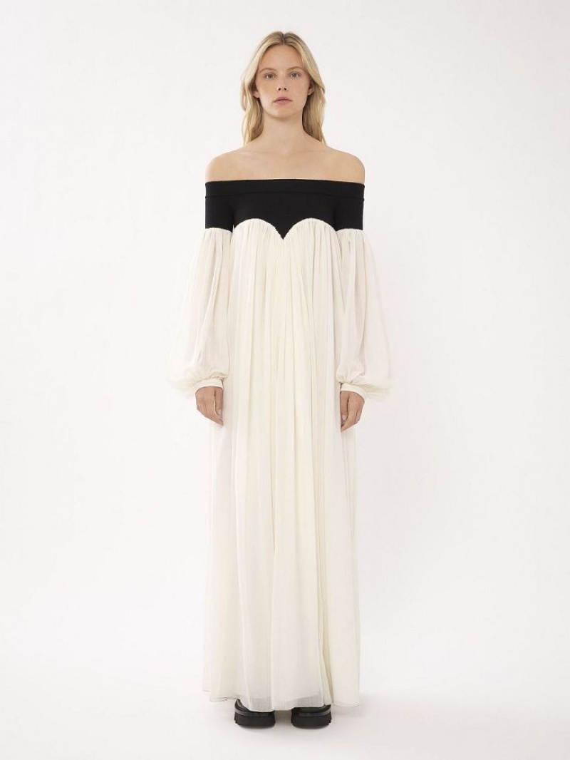 Sukienka Chloe Off-the-shoulder Maxi Czarne Białe | CHE-SR13857