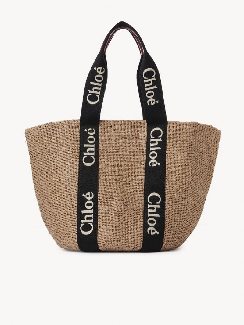 Torby Tote Chloe Large Woody Basket Czarne Beżowe | CHE-SR13333