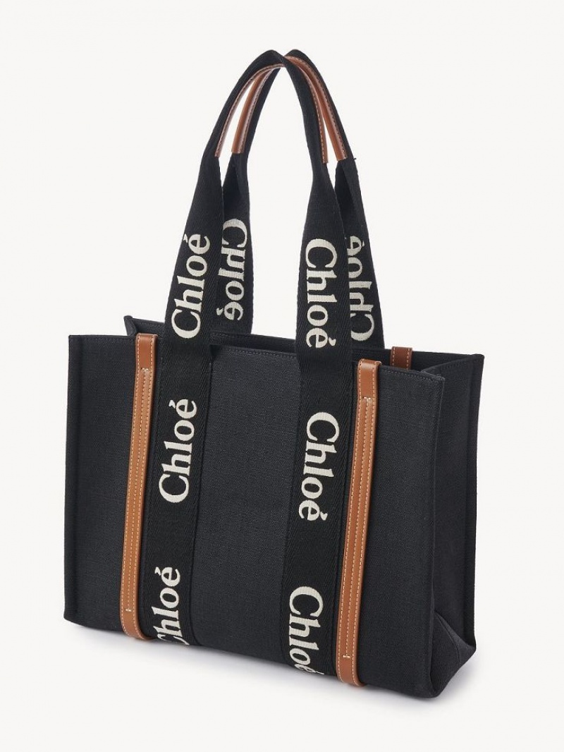 Torby Tote Chloe Medium Woody Czarne Beżowe | CHE-SR13387