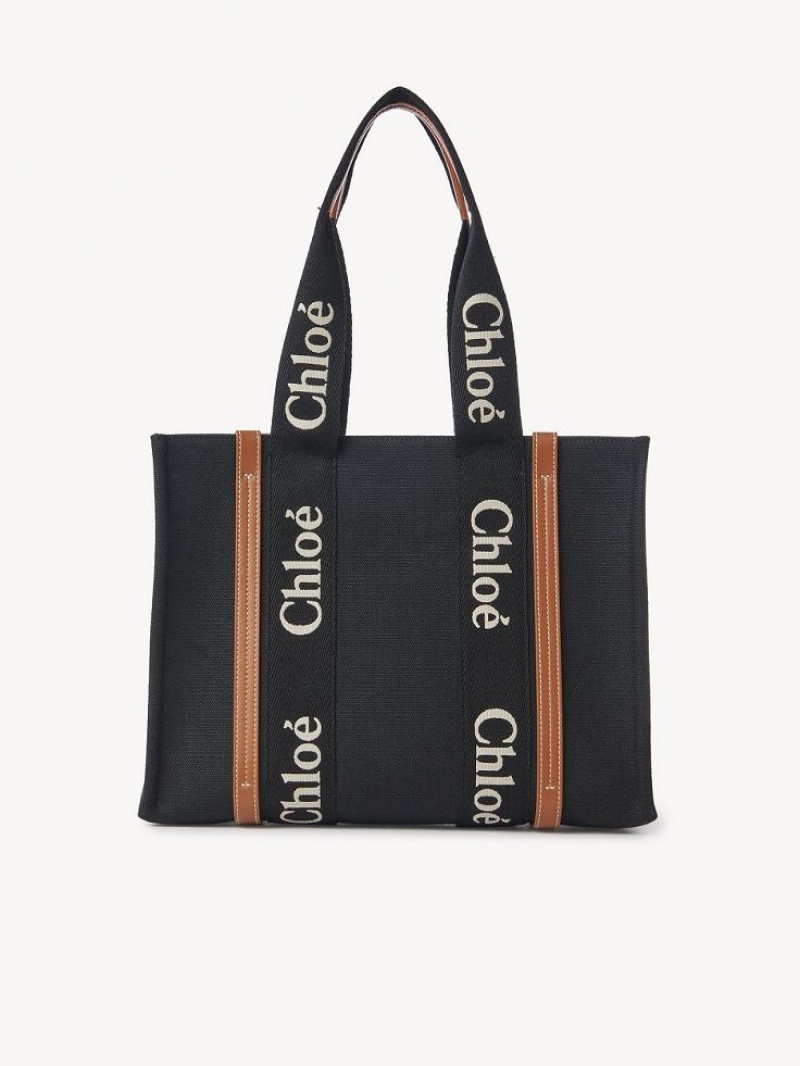 Torby Tote Chloe Medium Woody Czarne Beżowe | CHE-SR13387