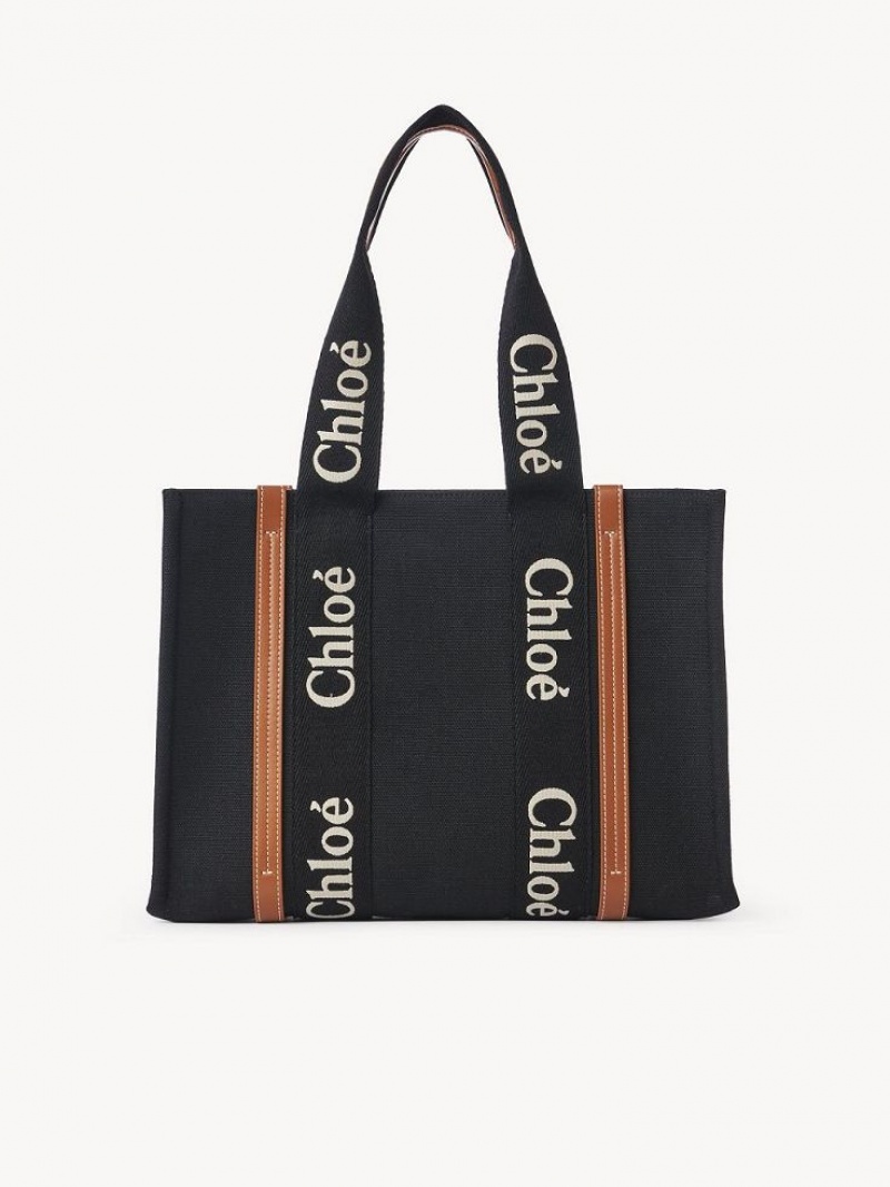 Torby Tote Chloe Medium Woody Czarne Beżowe | CHE-SR13387